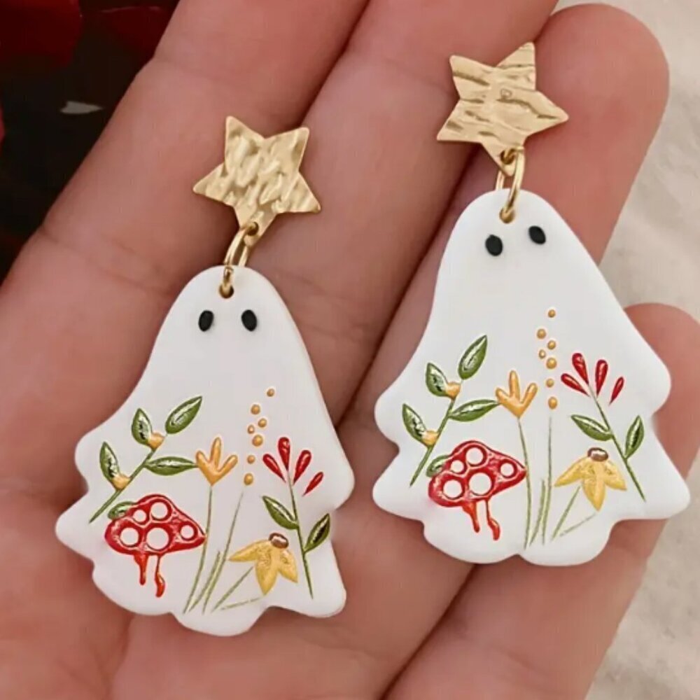 Gold Tone - White Floral Ghost Earrings - NEW